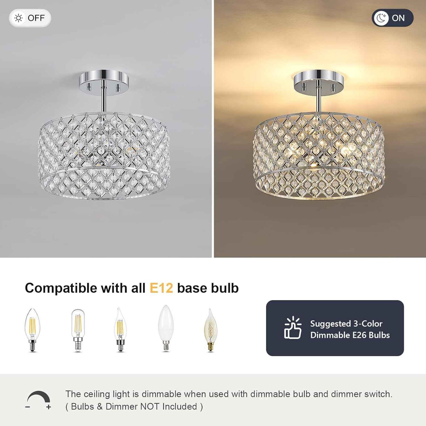 Modern Black Crystal Semi Flush Mount Ceiling Light Fixture - 11.2" Round Chandelier for Dining Room, Hallway, Kitchen & Bedroom
