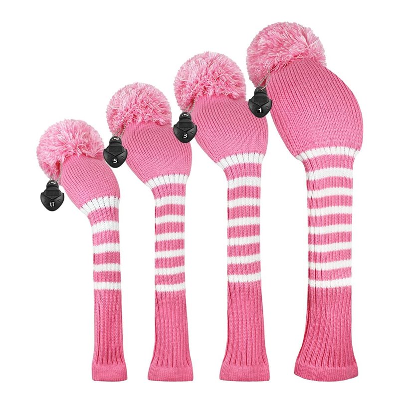 Scott Edward Knit Wood Golf Covers 4 Pieces Handmade Knitted Item Fit Over Well Driver Wood(460cc) Fairway Wood*2 and Hybrid(UT)(Pink Stripe)