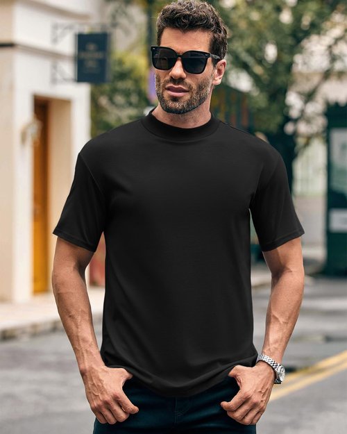 Wihion Mens Ribbed Mock Turtleneck T-Shirt Short Sleeve Solid T Shirts Thermal Underwear Tops Black