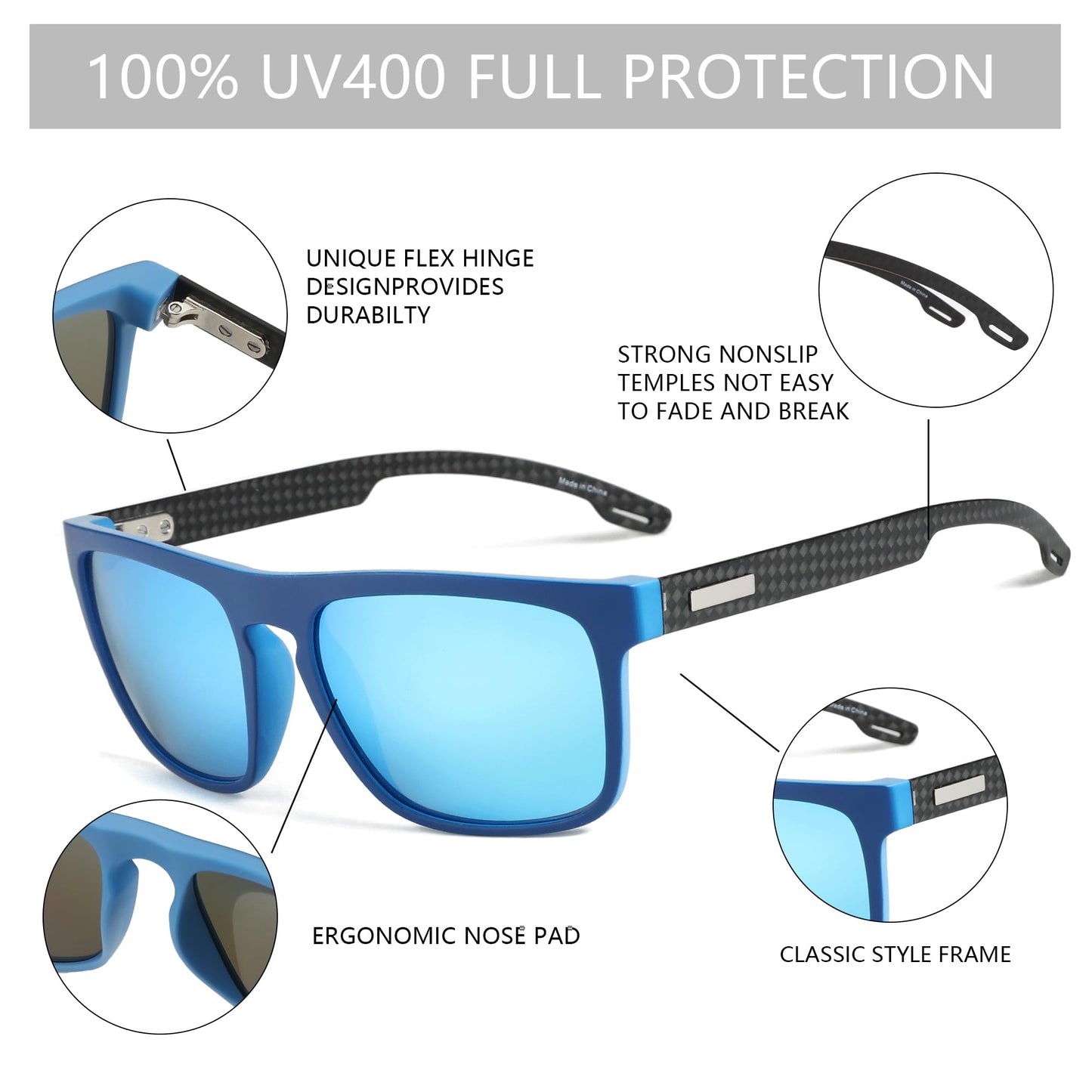 ZENOTTIC Polarized Sunglasses Men Square: Unbreakable TR90 Frame Carbon Fiber Temple UV400 Protection Trendy Sun Glasses Shades for Driving Golf Blue