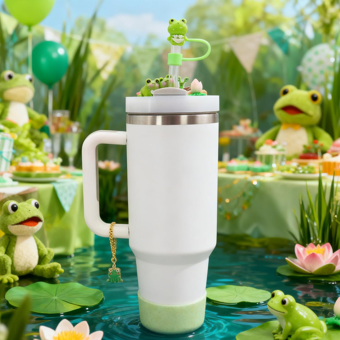 RENUIS Cup Lid Topper Decoration for Stanley 40 oz，Including Silicone Boot, Silicone Straw Topper Cover Cap, Lid Charms，Cup Chain - Cute Frog Decoration Accessories