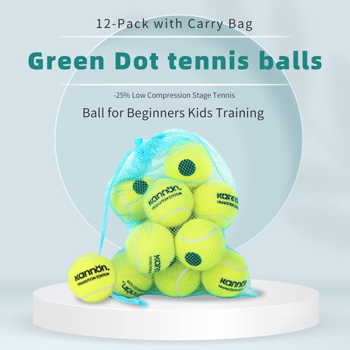 YUESHENG Tennis Balls Green Dot Tennis Balls -25% Low Compression Stage Tennis Ball for Beginners Kids Training Practising Playing Balls 12-Pack with Carry Bag (12-Balls-GRN)