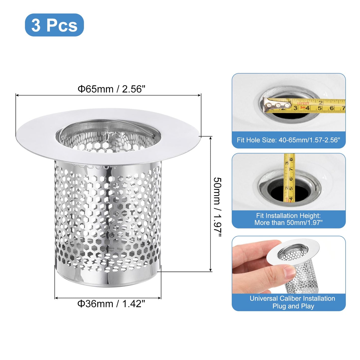 uxcell 2 Pack Shower Drain Strainer, 2" x 2.5" Stainless Steel Floor Drain Strainer Deep Sink Hair Catcher for Kitchen Bathroom Balcony Floor Drain, Fit Hole Size from 1.57" to 2.56"