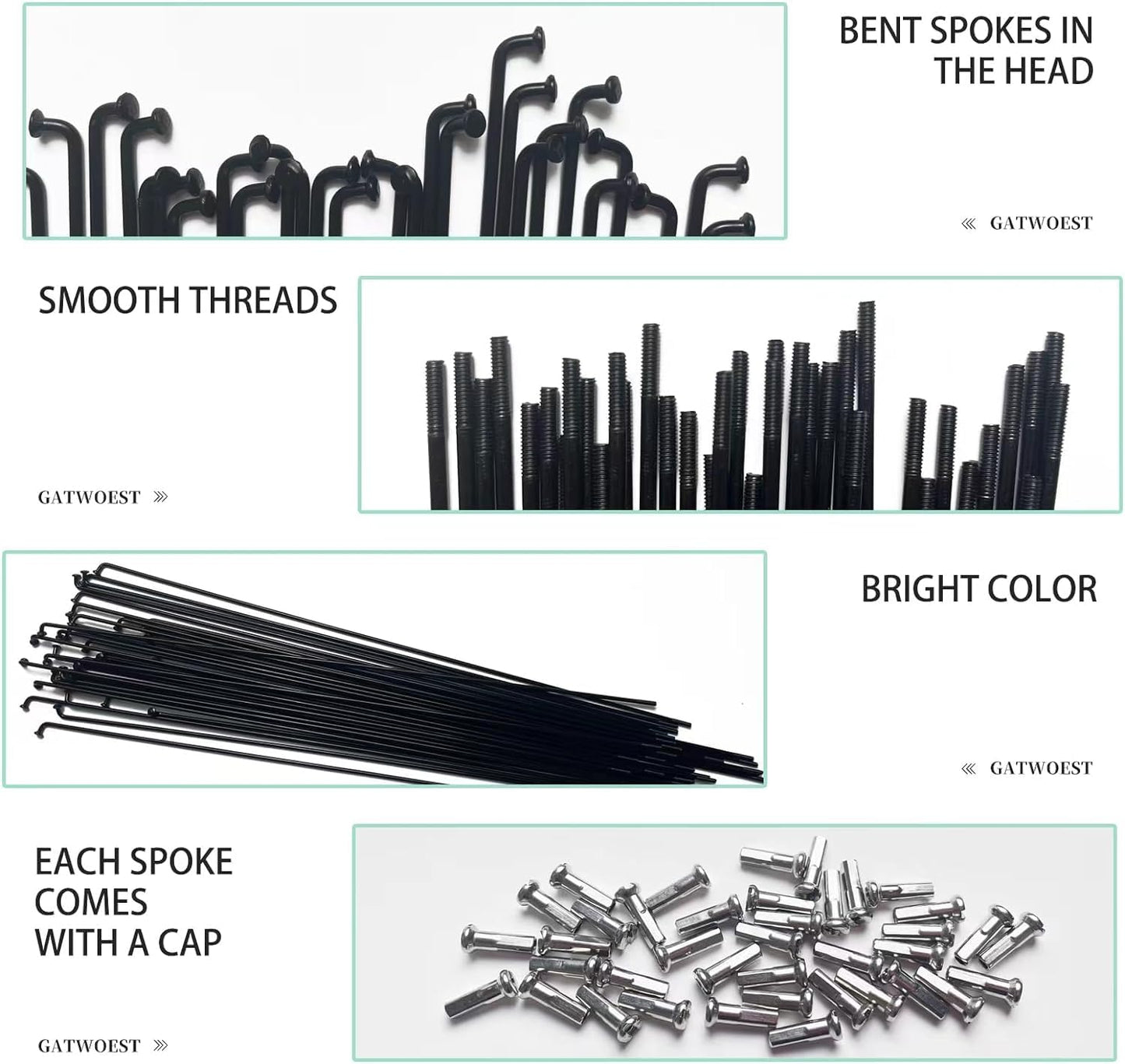 GATWOEST 36 Pcs 14G J Bend Bicycle Spokes Black Steel Bike Spokes with 36 Brass Nipples New Upgraded Cycle Spokes for MTB,Ebike,Mountain,Road City Bikes and Electric Bike 700C Wheels-222 mm