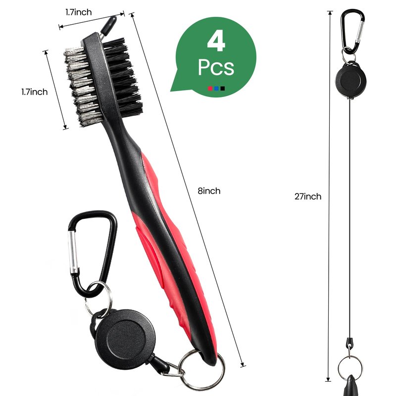 4 Pack Golf Club Brush and Club Groove Cleaner with Retractable Zip-line and Aluminum Carabiner Cleaning Tools , Golf Gifts for Men, Golf Accessories, Golf Ball Cleaner, Easily Attaches to Golf Bag