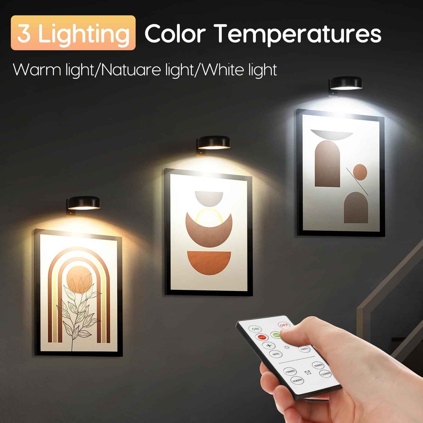 Picture Light for Wall Display Rechargeable with Remote, Wireless Painting light 3PACK, Brightness Dimmable with 3 Color Temp, Art Display Accent Lighting, Timmer Auto-OFF for Frame Gallery Portrait