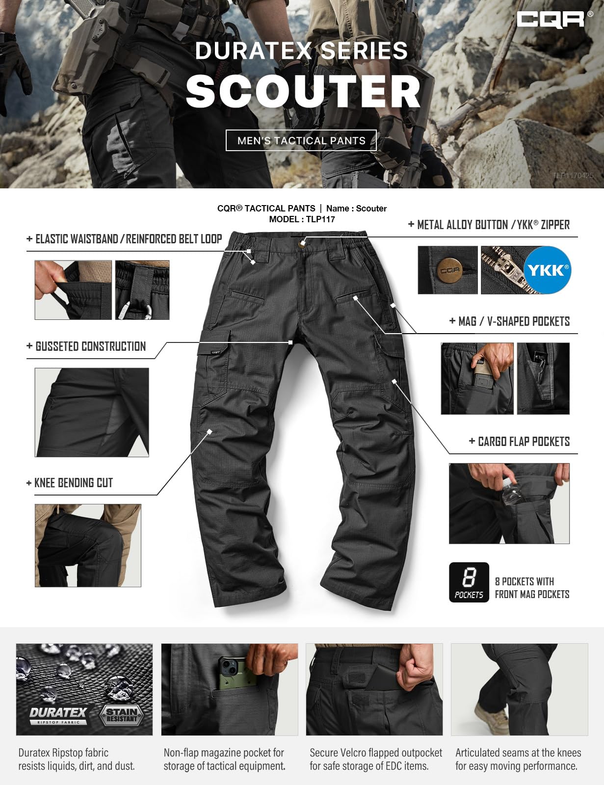 CQR Men's Tactical Pants, Water Resistant Ripstop Cargo Pants, Lightweight EDC Work Hiking Pants, Outdoor Apparel, Raider Black, 40W x 32L