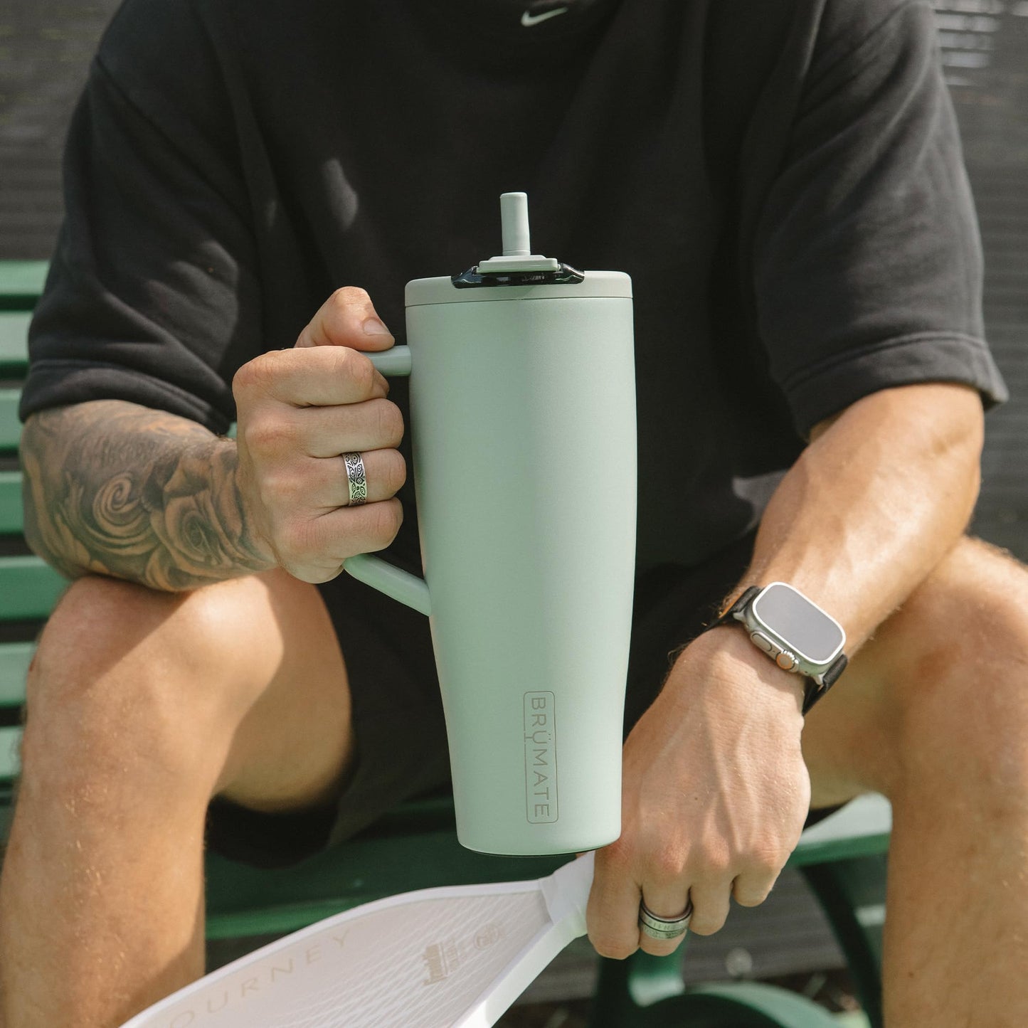BrüMate Era Flip 40oz Tumbler with 100% Leakproof Covered Straw Lid | Hygienic Covered Straw | Insulated Stainless Steel Water Bottle with Handle | Cup Holder Friendly | BPA-Free (Sage)