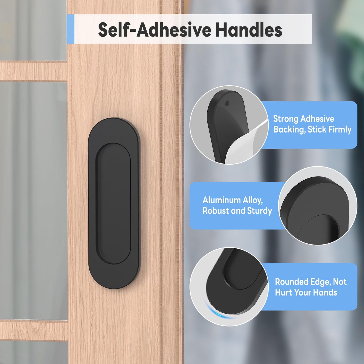 YogePote 2 Pack Self Stick Sliding Door Handles, Aluminum Alloy 4 Inch Self Adhesive Cabinet Knobs for Push-Pull Glass Barn Doors, Closets, Wardrobes, Windows (2, Black)