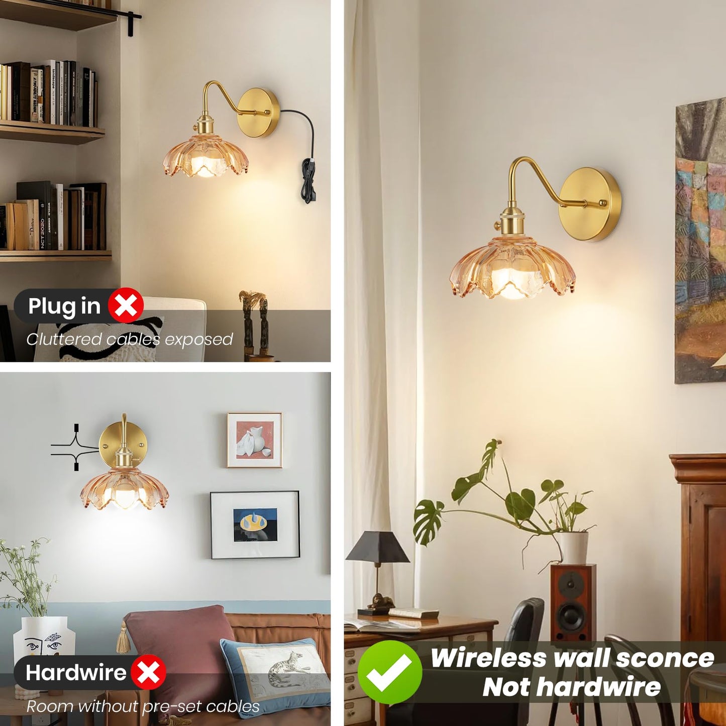 EIDEARAY Vintage Glass Sconces, Battery Operated Wall Light with Remote, Rechargeable Wall Sconces RGB, No Socket Required, Easy to Install, Vintage Wall Sconce for Bedroom, Hallway, Aisle