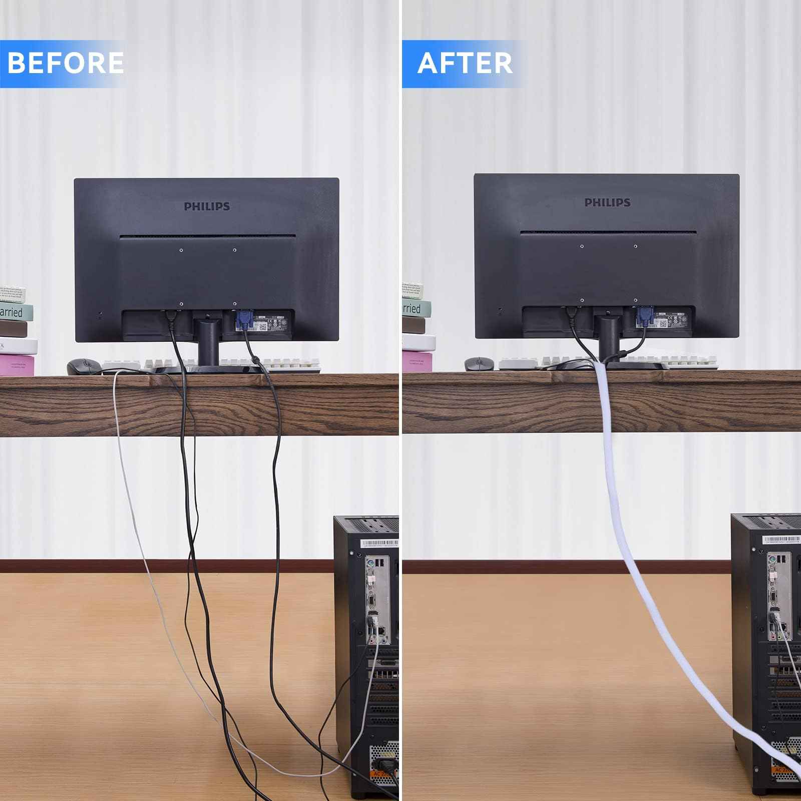 AGPTEK Cable Sleeve Cover, 2Pack 5ft - 1.8 inch Desk Cord Organizer Cable Hider, Home Office Wire Management Computer TV Wire Loom Tubing, Pet Proof Cord Protector, from Cat Dog Chewing, White