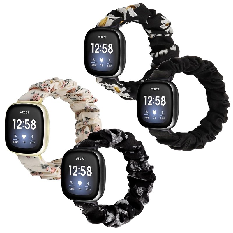 Scrunchie Bands for Fitbit Versa 4/Versa 3/Sense/Sense 2 Strap for Women,Replacement Watchband Soft Cloth Fabric Elastic Wristband (Black&Honeysuckle&Chrysanthemum&Grayflower, Small)