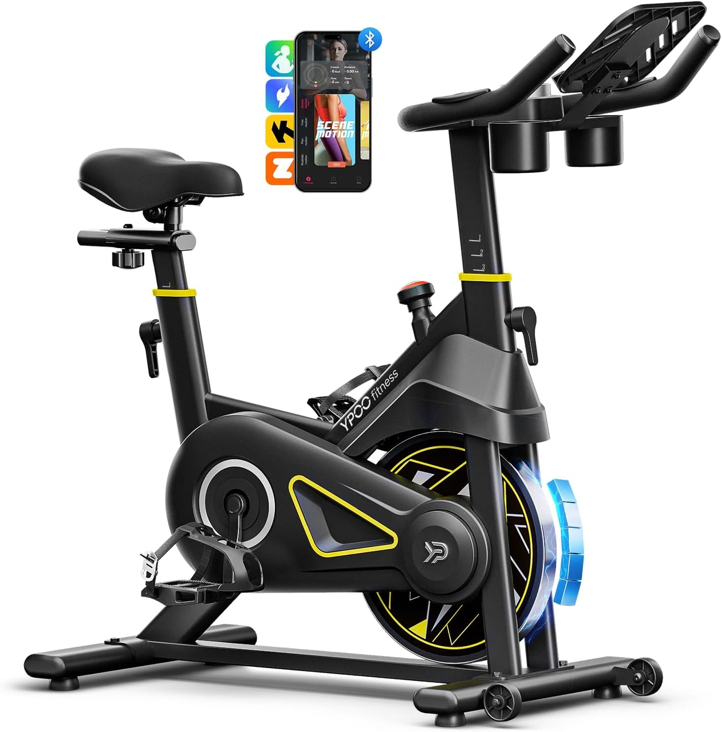 YPOO Exercise Bike - Adjustable Magnetic Resistance Indoor Bike with App, 330lbs Capacity & Comfortable Seat