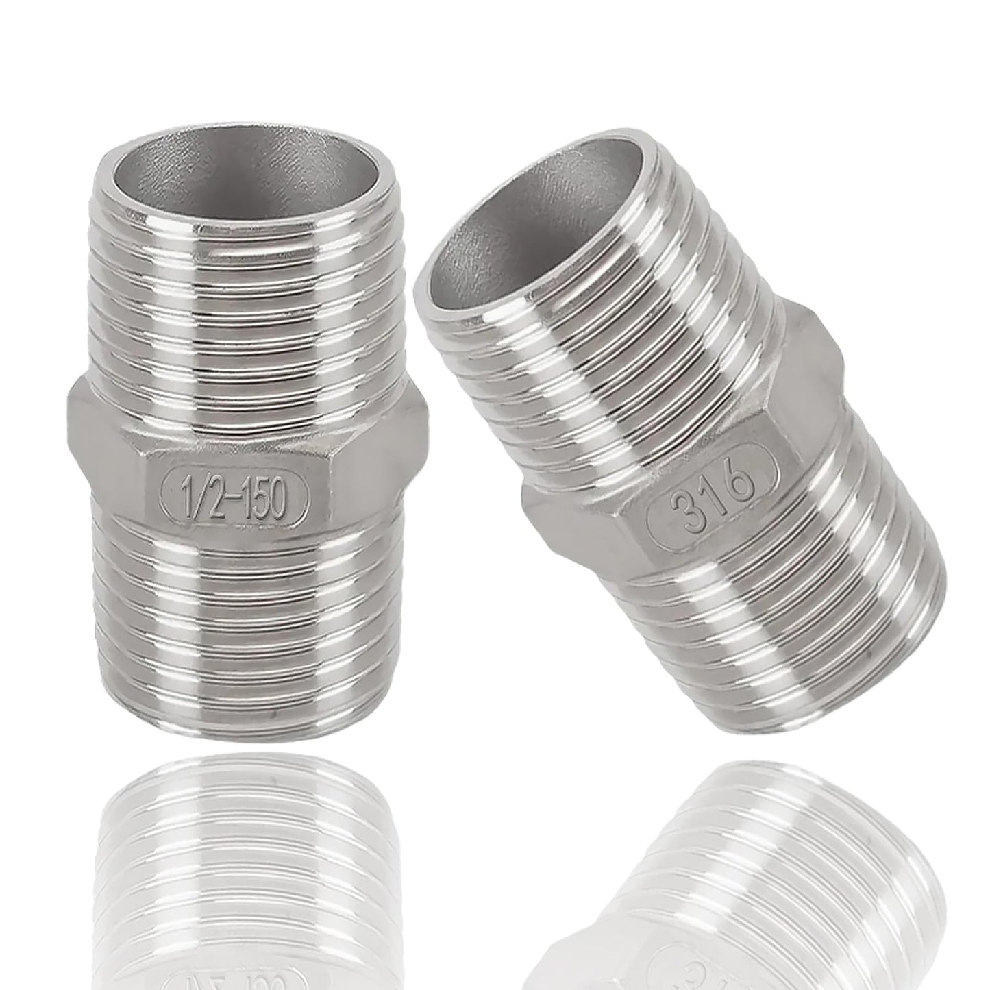 1/2" Male to 1/2" Male Hex Nipple Adapter, 316 Stainless Steel 1/2 Inch NPT Threaded Pipe Fitting, Heavy Duty Coupling for Plumbing Systems, Oil, Gas & Steam (2-Pack)