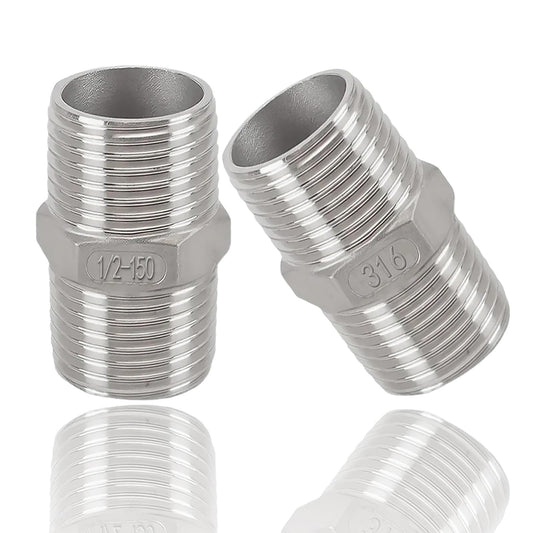 1/2" Male to 1/2" Male Hex Nipple Adapter, 316 Stainless Steel 1/2 Inch NPT Threaded Pipe Fitting, Heavy Duty Coupling for Plumbing Systems, Oil, Gas & Steam (2-Pack)