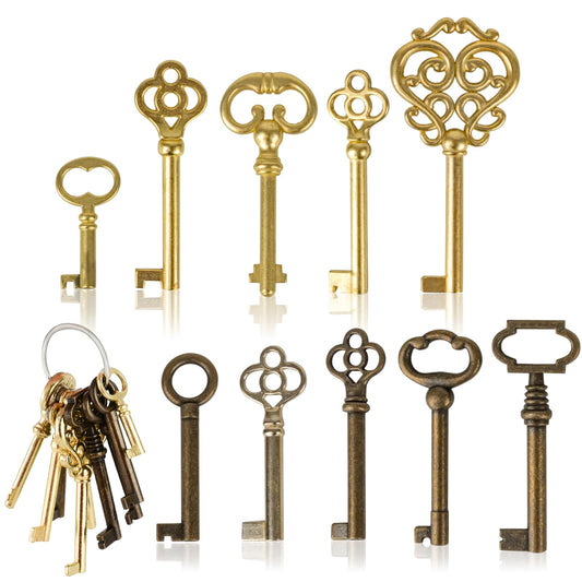 10PCS Skeleton Key Set Reproduction for Antique Furniture, Universal Barrel Key Replacement, Antique Brass Skeleton Keys for Dresser Drawers, Vintage Clocks,Cupboards, Desk Drawer Lock