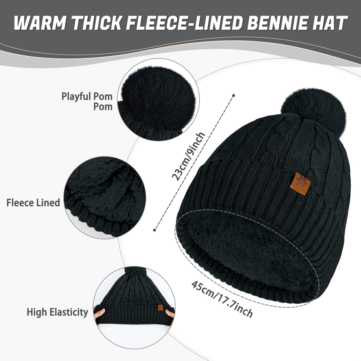 Horolam Winter Hat Scarf Gloves Set, Warm Knit Beanie Hat with Pom Pom Touch Screen Gloves for Women for Christmas Cold Weather Gifts