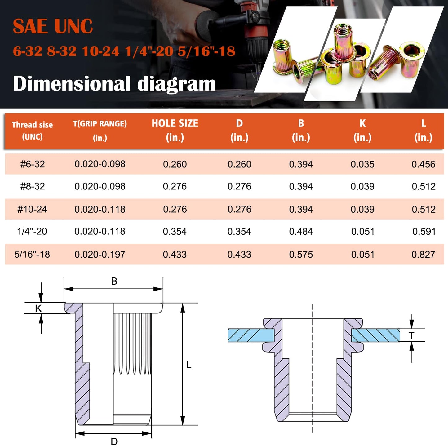 Ktehloy 124Pcs SAE UNC Rivet Nut Assortment Kit, Zinc Plated Carbon Steel Rivnut Threaded Inserts Assortment Set Nutserts, Sizes 6-32 8-32 10-24 1/4"-20 5/16"-18