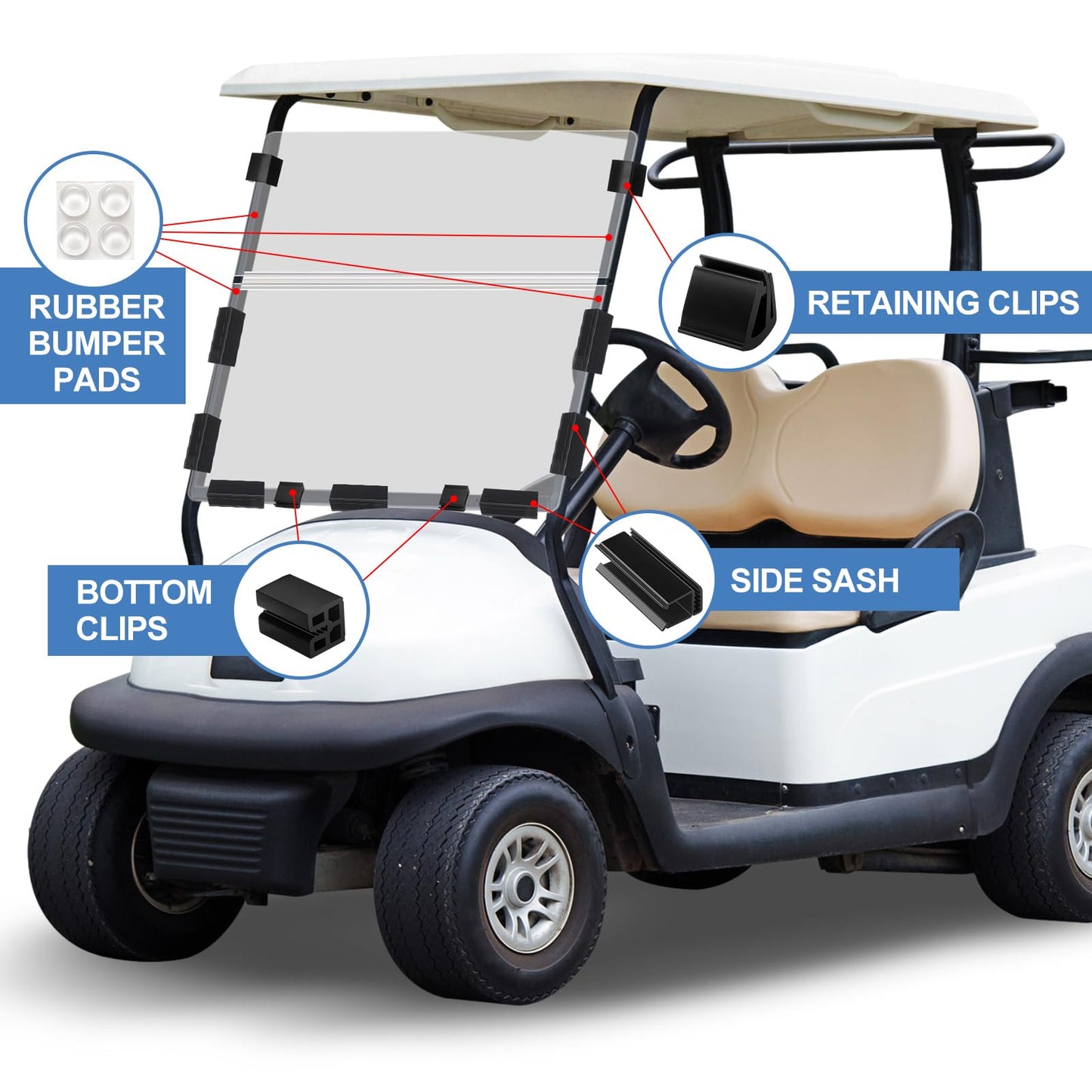 Maasechs 12 Pack Golf Cart Windshield Retaining Clips Kit Include 1 Pcs 48 Inch Clear PVC Living Hinge 11 Pcs Golf Cart Window Windshield Retaining Clips Kit for 1/4" Plexiglass Material