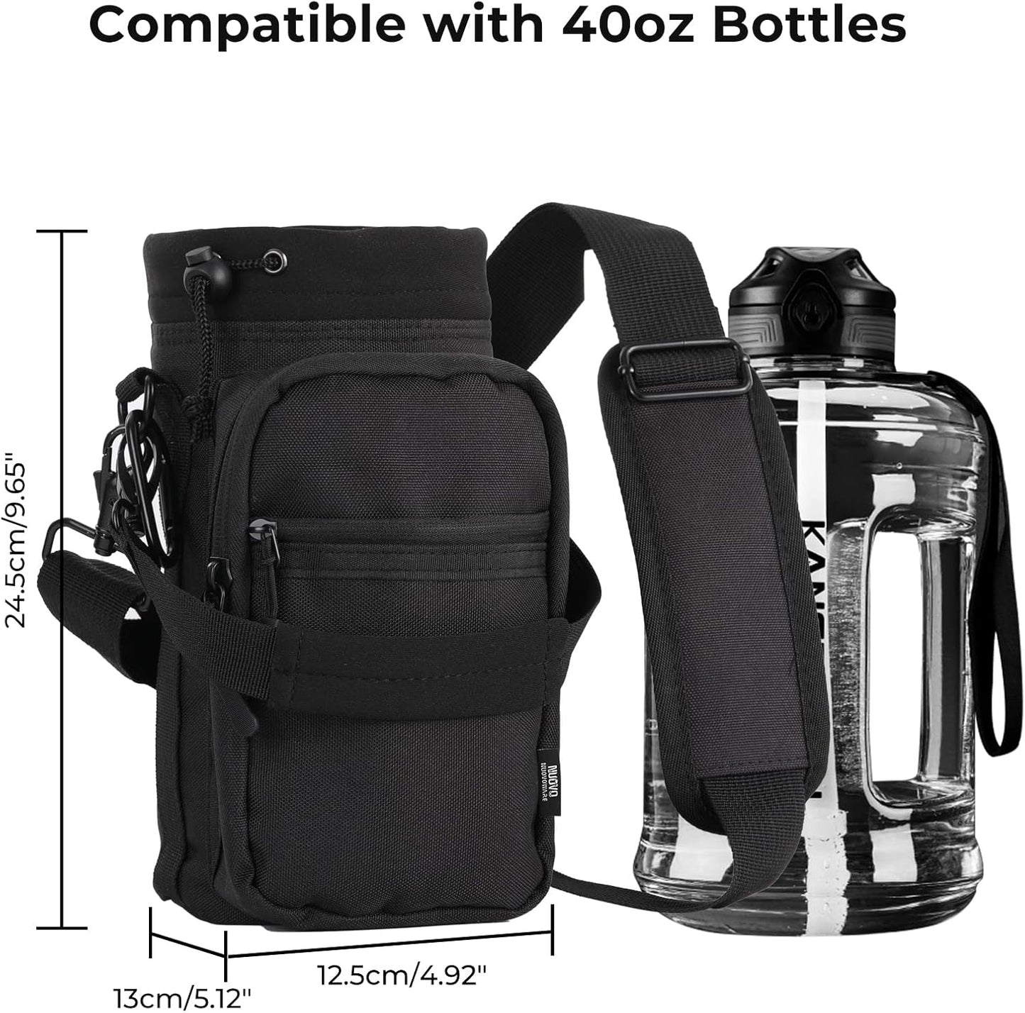 Nuovoware 40oz Insulated Water Bottle Carrier - Adjustable Shoulder Strap & 2 Pockets for Hiking | Sling Bag