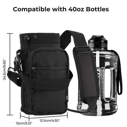 Nuovoware Water Bottle Carrier, 40oz Bottle Carrier Sports Water Bottle Holder with Adjustable Shoulder Strap, 2 Pockets Flask Sling Bag Drawstring Pouch for Climbing Hiking Walking, Carbon Black