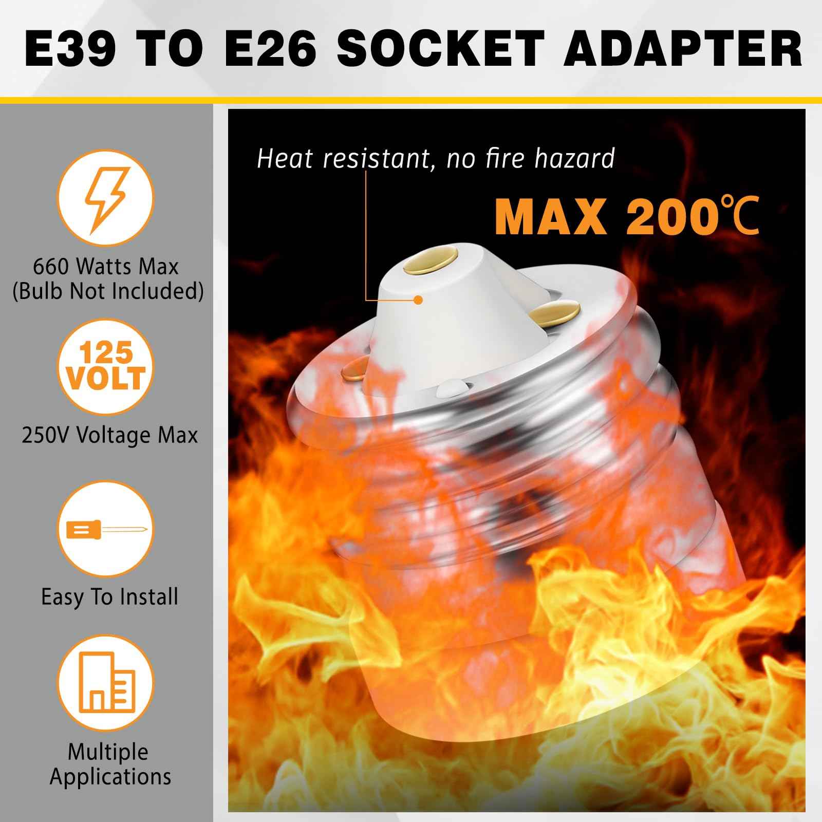 Glooglitter 6 Packs E39 to E26 Adapter Socket Converters, Ceramic Mogul E39 to Standard Medium E26 Base Light Bulb Socket Adapters Mogul Base Lamp Reducers, Maximum 660W and 200℃ Heat-Resistant