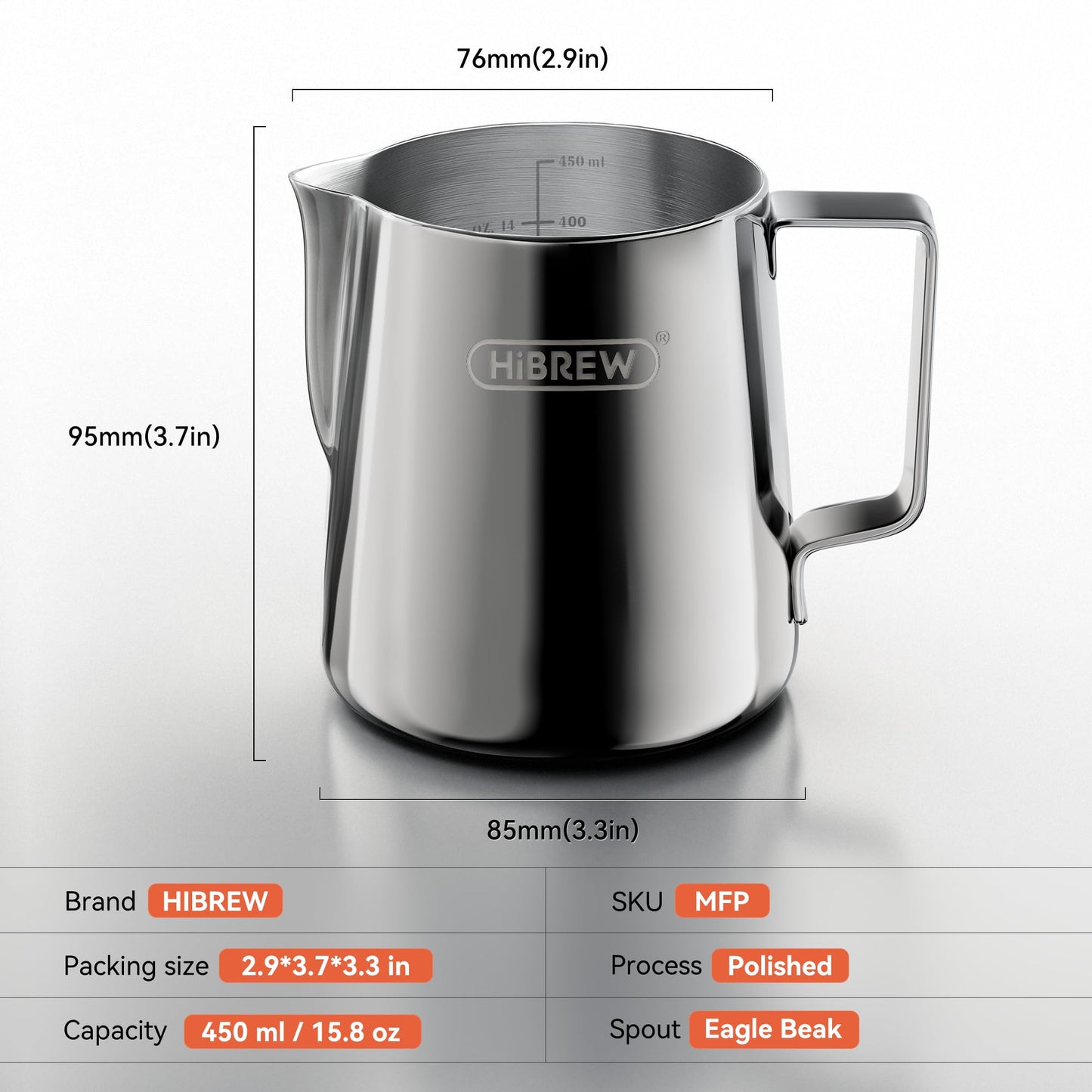 HiBREW Latte Art Pitche 15oz, Stainless Steel Milk Frothing Pitcher Steamed Espresso Cup Barista Pitcher (15oz/450ml)