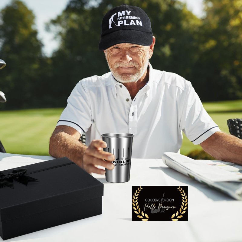Skylety 8 Pcs Retirement Golf Gift Set for Men Include Stainless Steel Cup Cap Socks Card Towels Ball with Box for Dad Grandpa Golfer Lovers Fathers Day Golf Gifts
