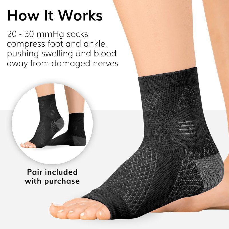 BraceAbility Neuropathy Socks (3 Pairs) - Multipack Peripheral Compression Diabetic Toeless Foot Sleeves for Nerve Damage in Feet, Ankle Gout, Plantar Fasciitis Relief for Men and Women (L - Black)