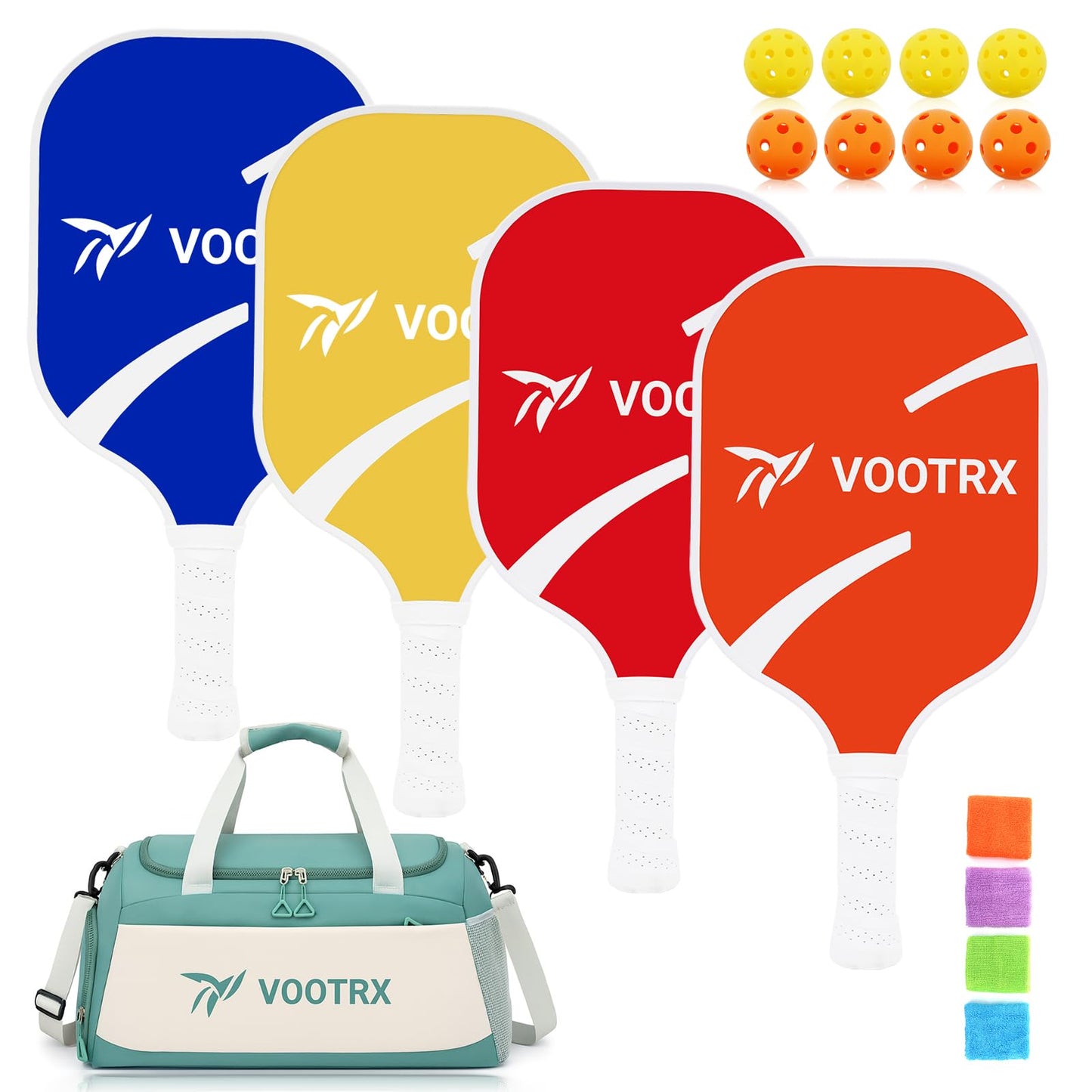 Pickleball Paddles Set of 4,8 Balls, 4 Colorful Fiberglass Pickleball Rackets, Carry Bag & Wristbands for Indoor and Outdoor Play