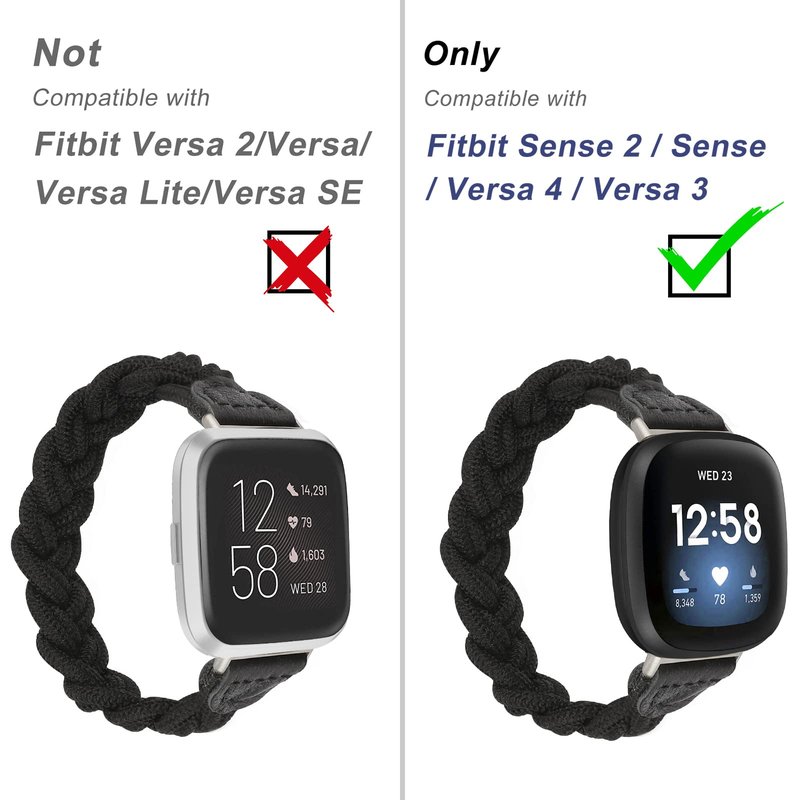 Wearlizer Elastic Band Compatible with Fitbit Versa 4 Bands for Woman/Versa 3/Sense 2/Sense Bands Women, Slim Solo Loop Braided Strap Stretchy Woven Wristband Accessory, Black M
