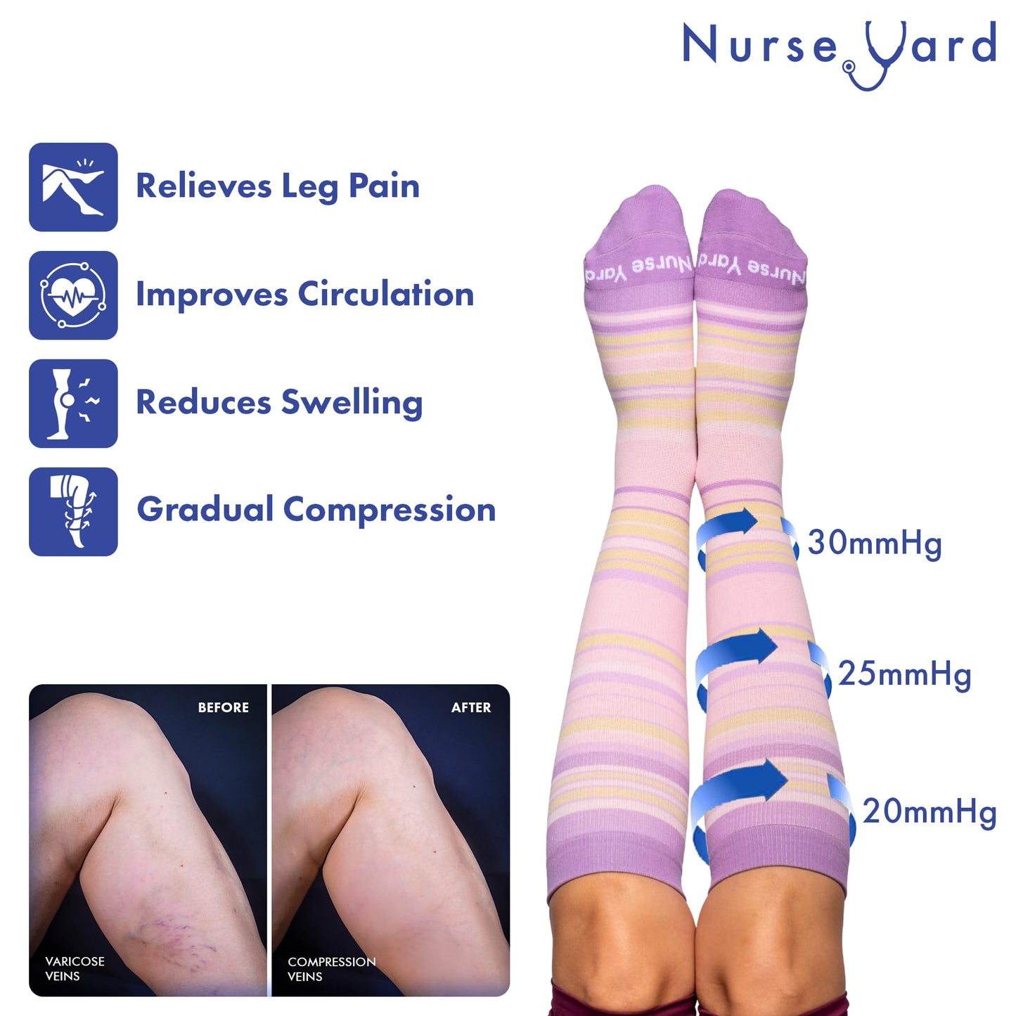 Nurse Yard Compression Socks for Nurses - Women & Men - 20-30mmHg Graduated Compression, Zero-Toe Compression, For Medical Staff, Nursing, Athletic Support Such As Running, Cycling, Hiking - 1 Pair