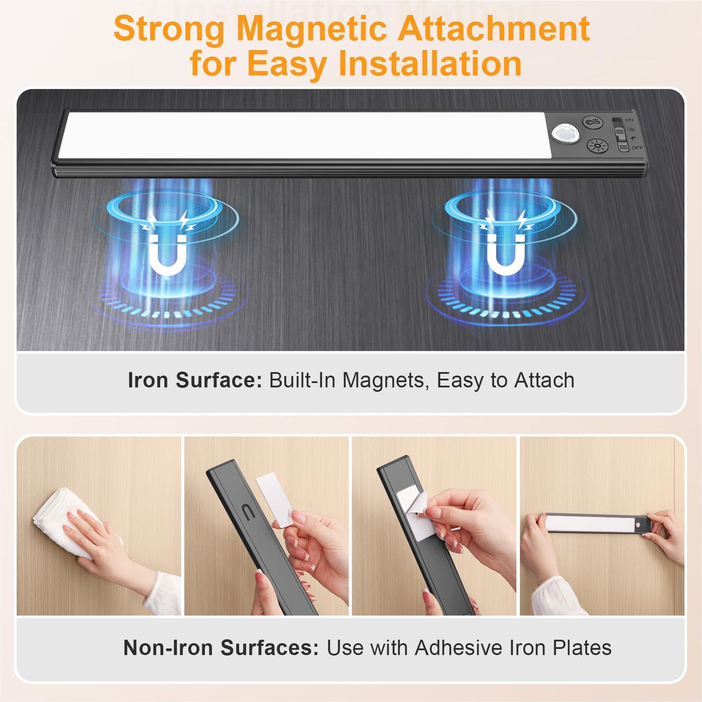 Gritin 10.2inch Under Cabinet Lighting Rechargeable -84 LED Super Bright,3-Color& 5 Level Brightness,4 Modes,Motion Sensor, Long Lasting- Easy Installation Magnetic Closet Lights -2 Pack-Black