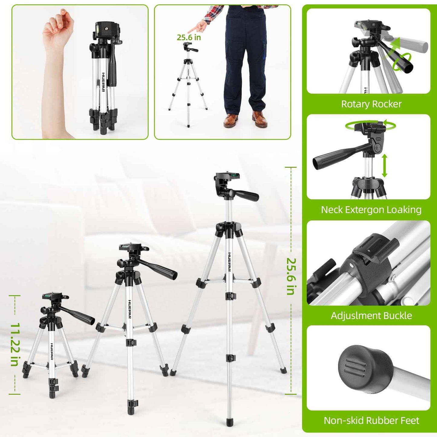 Laser Level with 26in Tripod, Huepar 150°/150Ft Self Leveling Lazer Leveler Tool with Pulse Mode (197Ft), Switchable Green Cross Line for Picture Hanging, Tile, DIY/Construction Project