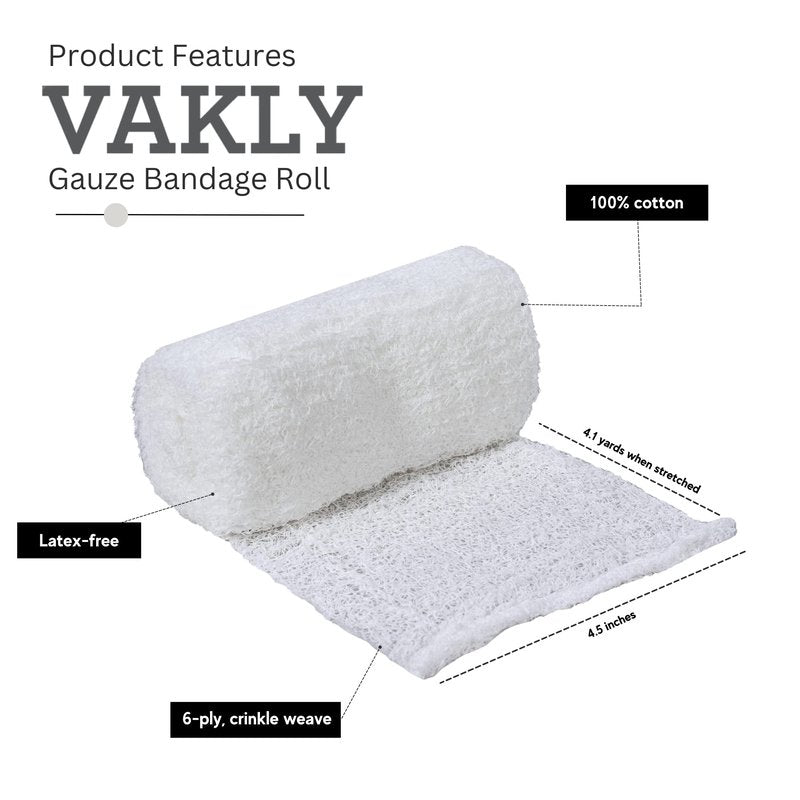Vakly Sterile Kerlix Gauze Bandage Rolls 4.5" x 4.1 yds (5 Pack) – 6-Ply 100% Cotton Krinkle Gauze, Highly Absorbent Fluff Bandage Wrap, Individually Wrapped