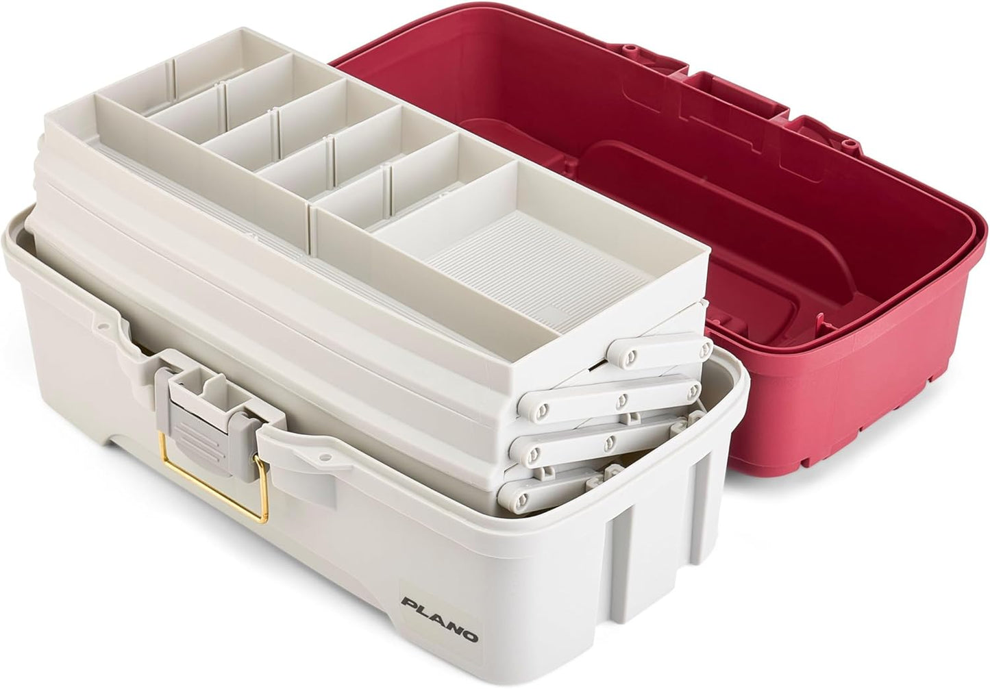 Plano Tackle Box | Three-Tray Salmon Kit with Rust-Proof Brass Latch - Maroon/Grey, Deep Storage Compartments