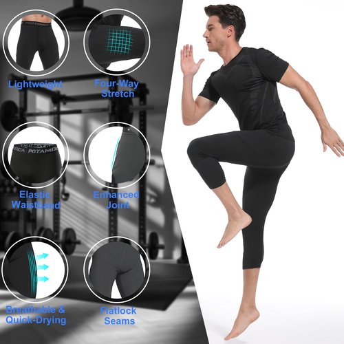 POTAMOCA 3 Pack Men's 3/4 Compression Pants, Cool Dry Workout Athletic Leggings, Running Tights Capri Yoga Football Gym Base Layer Underwear, Black Large