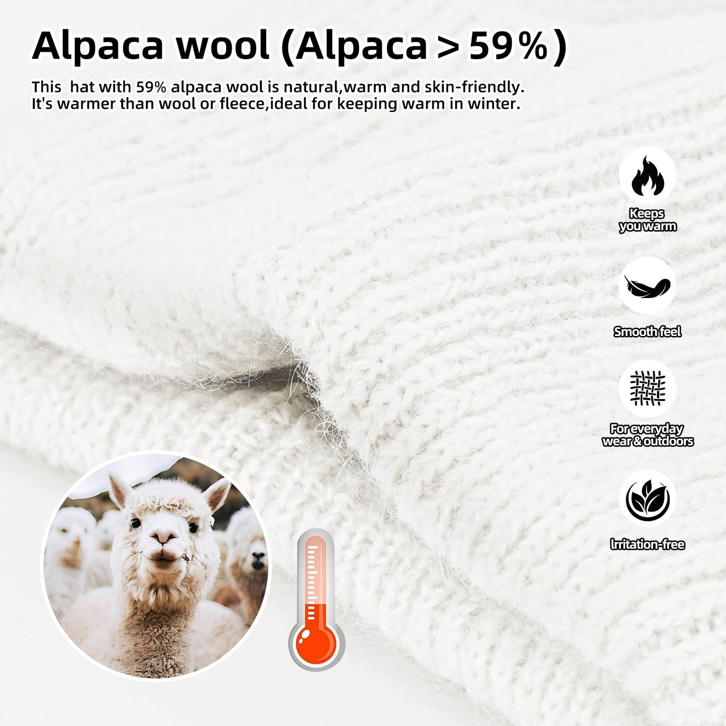 Silk Dream Alpaca Wool Beanie Hats Men Women Winter Hats Warm Beanie Fuzzy Soft Knit Lightweight Gift for Her&Him White