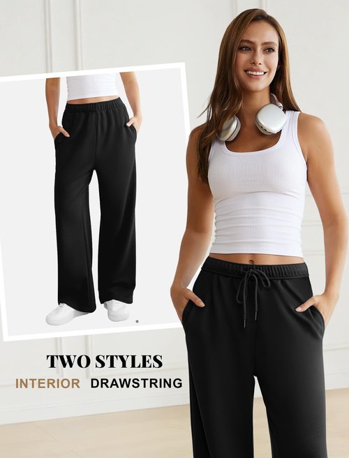 DLOODA Womens Wide Leg Sweatpants Interior Drawstring Baggy Sweat Pants with Pockets Elastic Waisted Lounge Casual Trousers Black