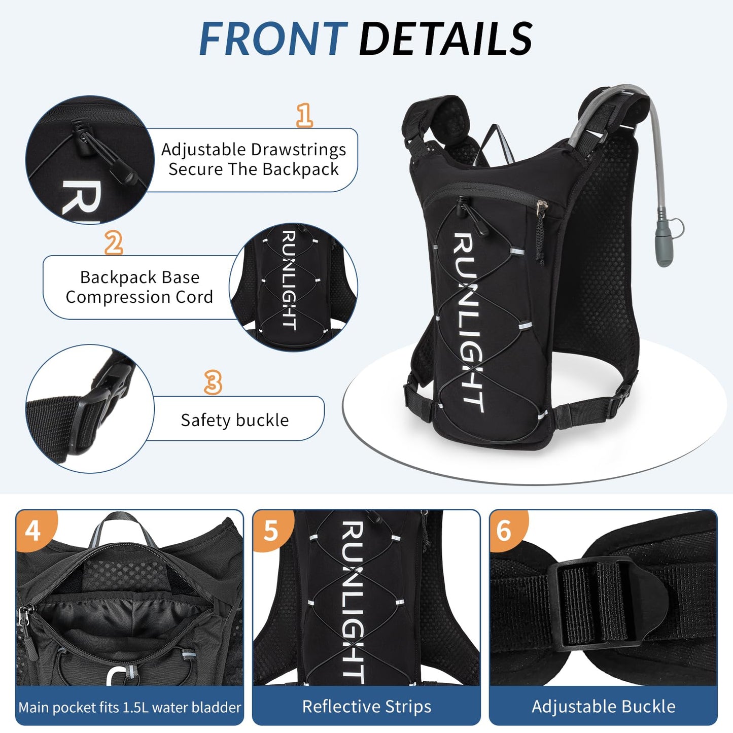 Runlight Running Vest,Lightweight Adjustable Chest Pack with Pistol Holster, Pack with 1.5L Water Bladder, Reflective Running Hydration Vest (Black, One Size)