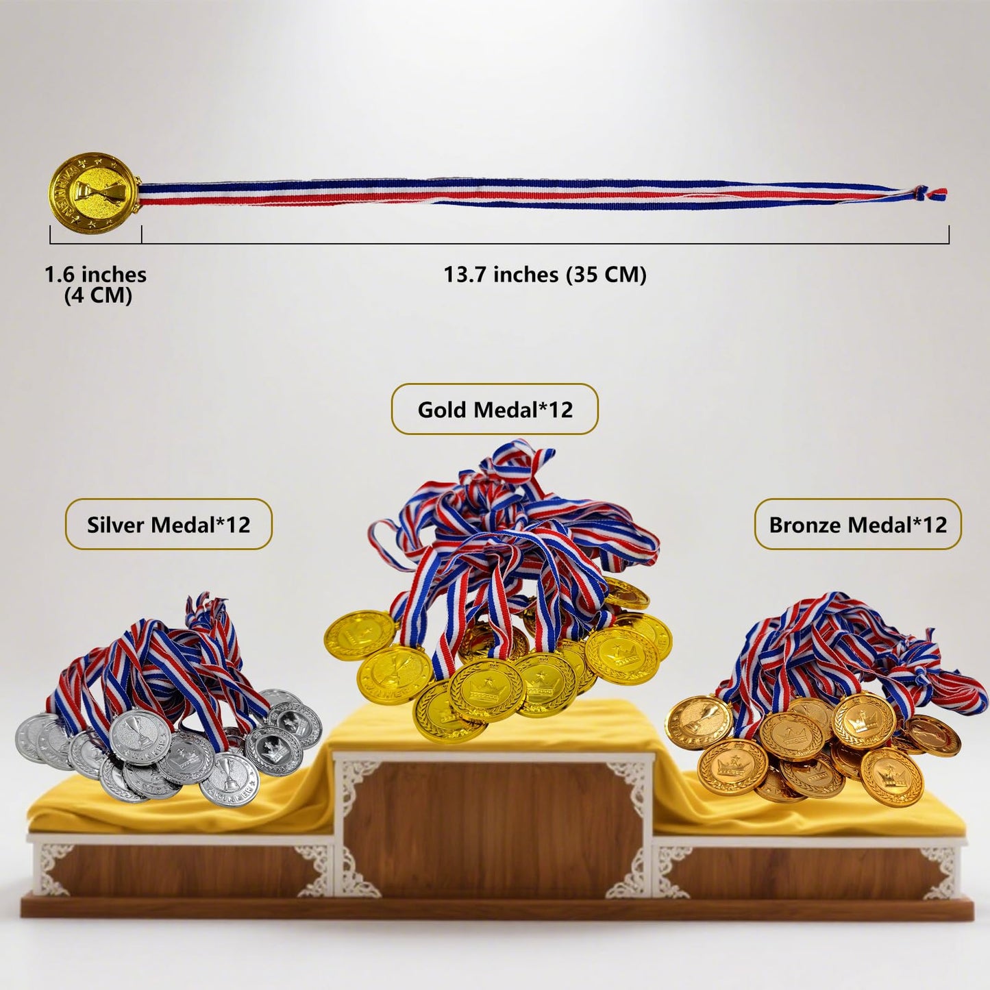 36 Pieces Plastic Gold Silver Bronze Winner Medals for Kids for Award, Olympic Trophy Medals for Kids Games Competitions, Gifts, Sports Party Favors and Decorations