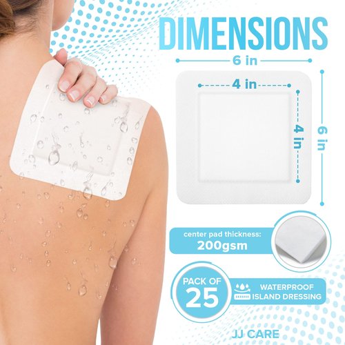 JJ CARE Waterproof Adhesive Island Dressing [Pack of 25], 6” x 6” Sterile Bordered Gauze, Breathable Island Wound Dressing, Individually Wrapped Adhesive Gauze Bandages with Non-Stick Central Pad