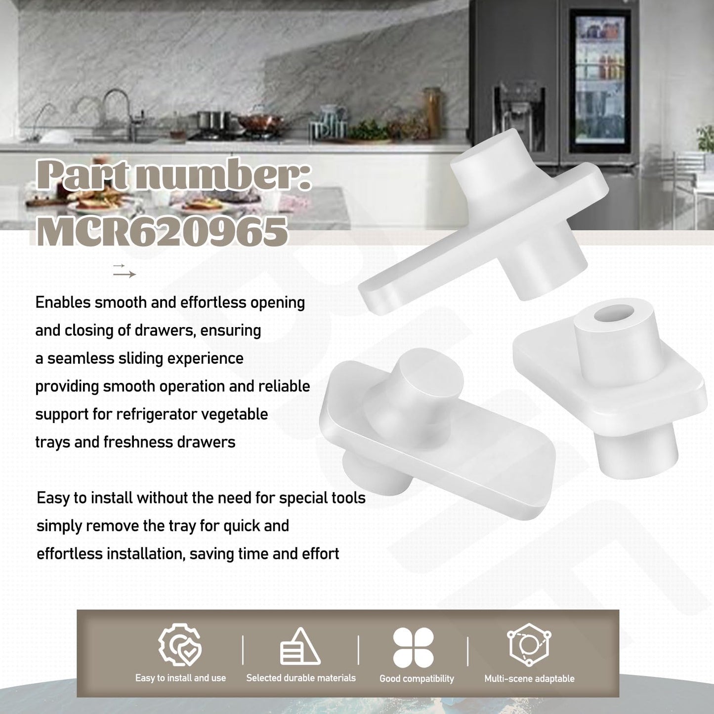 4 Pack MCR620965 Refrigerator Vegetable Tray Crisper Drawer Wheel Mount Compatible with LG Ken-more Ken-more Elite Refrigerator Tray/Crisper