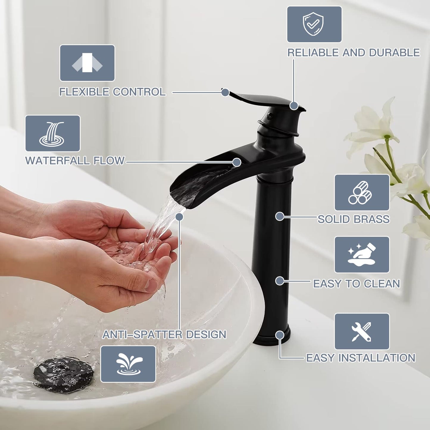 BWE Vessel Sink Faucet Waterfall Matte Black Bathroom Faucets Single Hole Single Handle Bathroom Sink Faucet Tall Vessel Faucet with Pop Up Drain and Water Supply Line