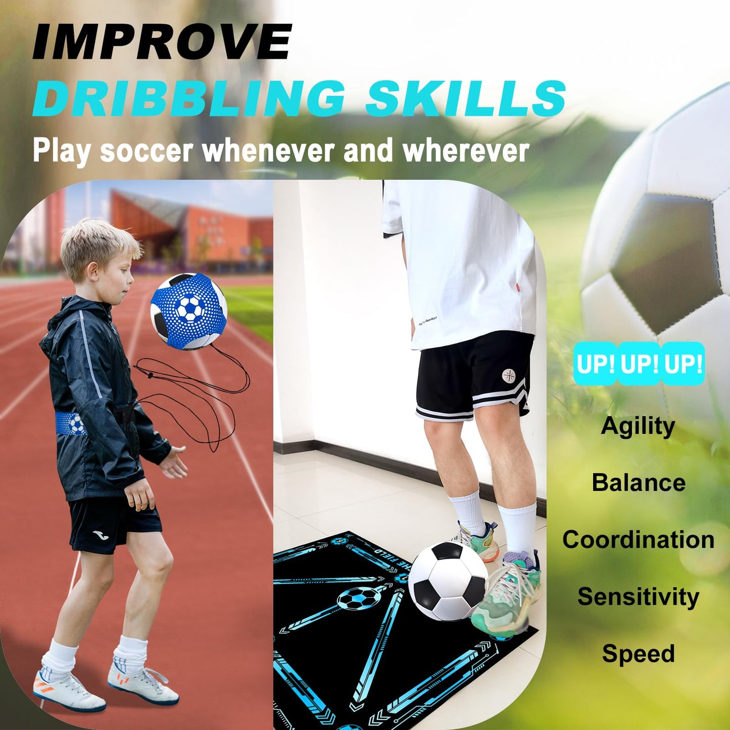 Doskona Football Footstep Training Mat, Soccer Training Mat 35 * 24IN, Soccer Practice Equipment with Storage Bag and Soccer Return Trainer Net (New Black-Blue)