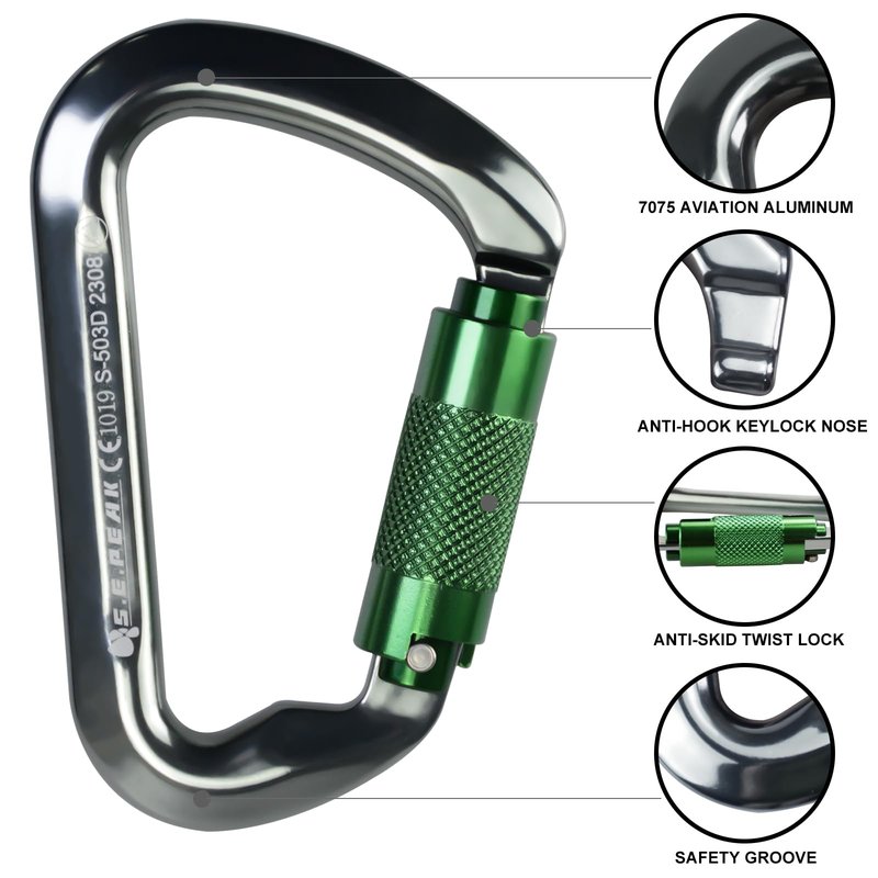 SEPEAK UIAA CE 30kN Climbing Carabiner Clips, Professional Heavy Duty Twist Locking Carabiners for Climbing,Mountaineering, Rappelling, Camping, Hiking, Swings, Large D Ring Hooks