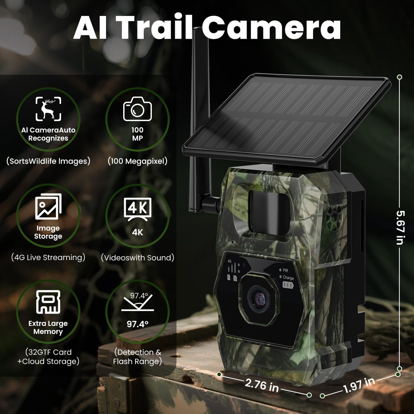 GKP9 Ai Trail Camera Cellular — Game Camera with Built-in Solar Panel, 32GBSd and SIM Card, 100mp Photos, 4k Videos 2 Way- Talk with Night Vision Motion Activated Waterproof