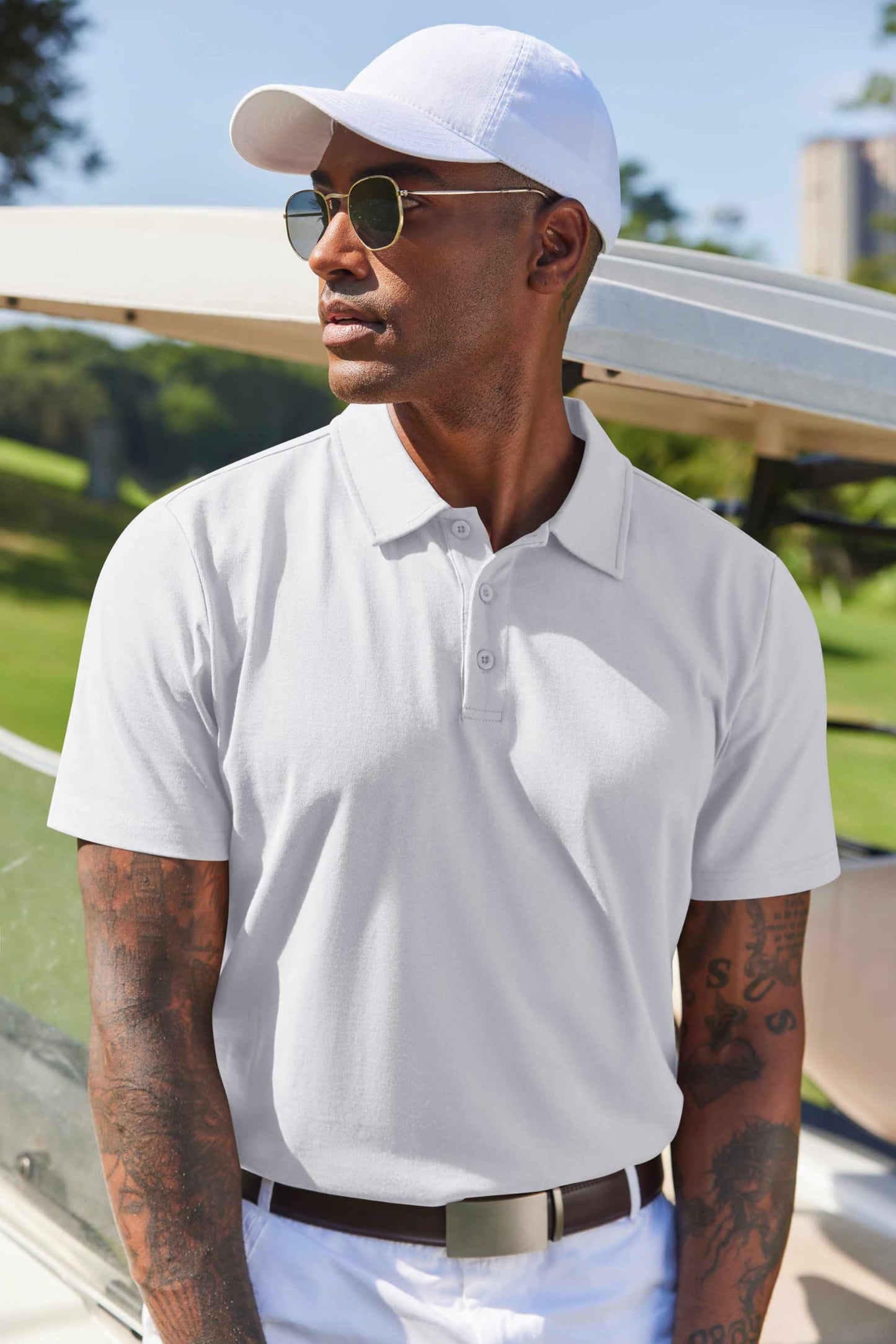 COOFANDY Mens Golf Shirts Short Sleeve Casual Work Polo Shirts 3 Button Shirts for Men White