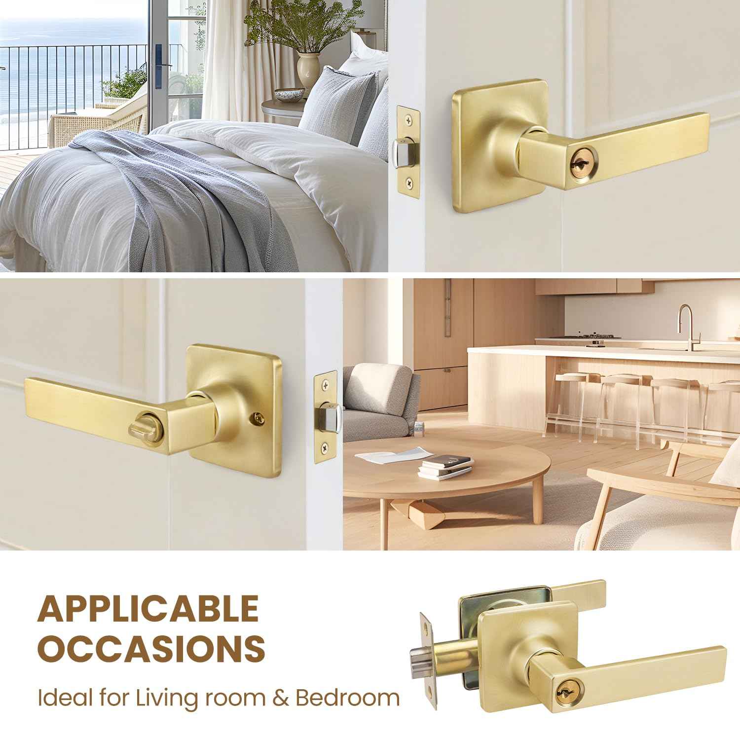 5 Pack Door Knobs Interior, Bedroom Locking Door Knob, Satin Brass Entry Door Handles, Gold Door Lever Same Key, Reversible for Left Right Sided Doors
