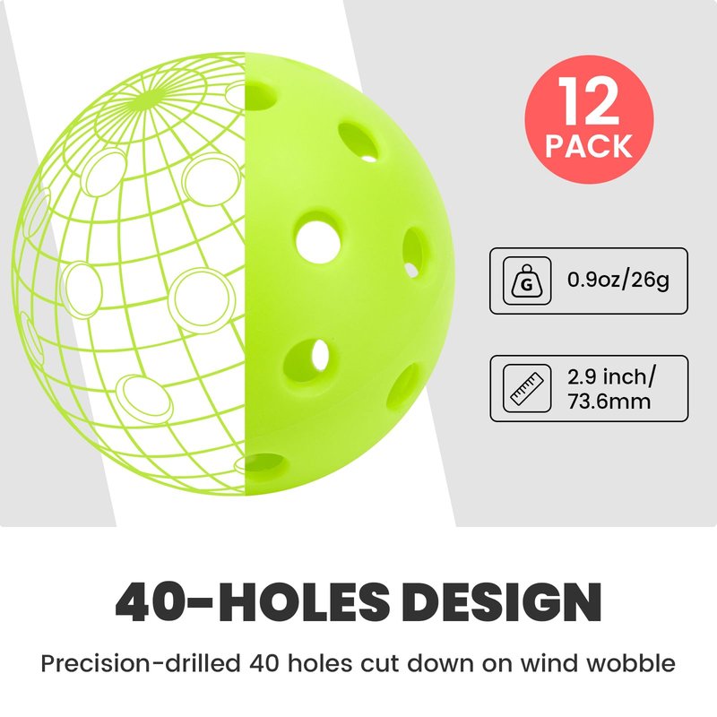 12 Pack Pickleball Balls - Outdoor Pickle Ball 40 Holes - Durable Pickleballs with High Bounce, Superior Visibility and Smooth Flight